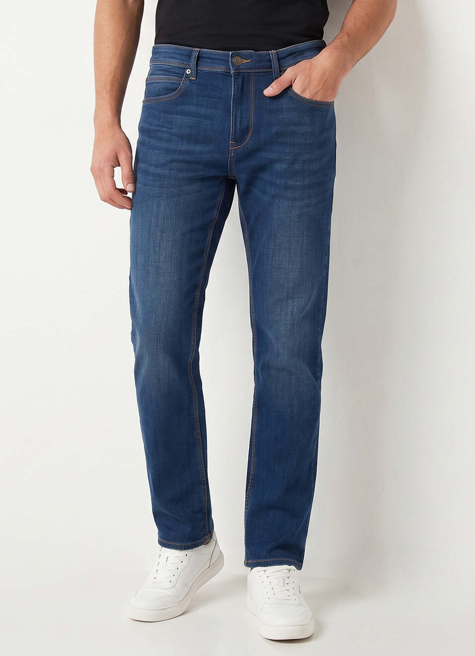 Men Blue Straight Fit Mid Rise Stretchable Jeans, , large image number 2