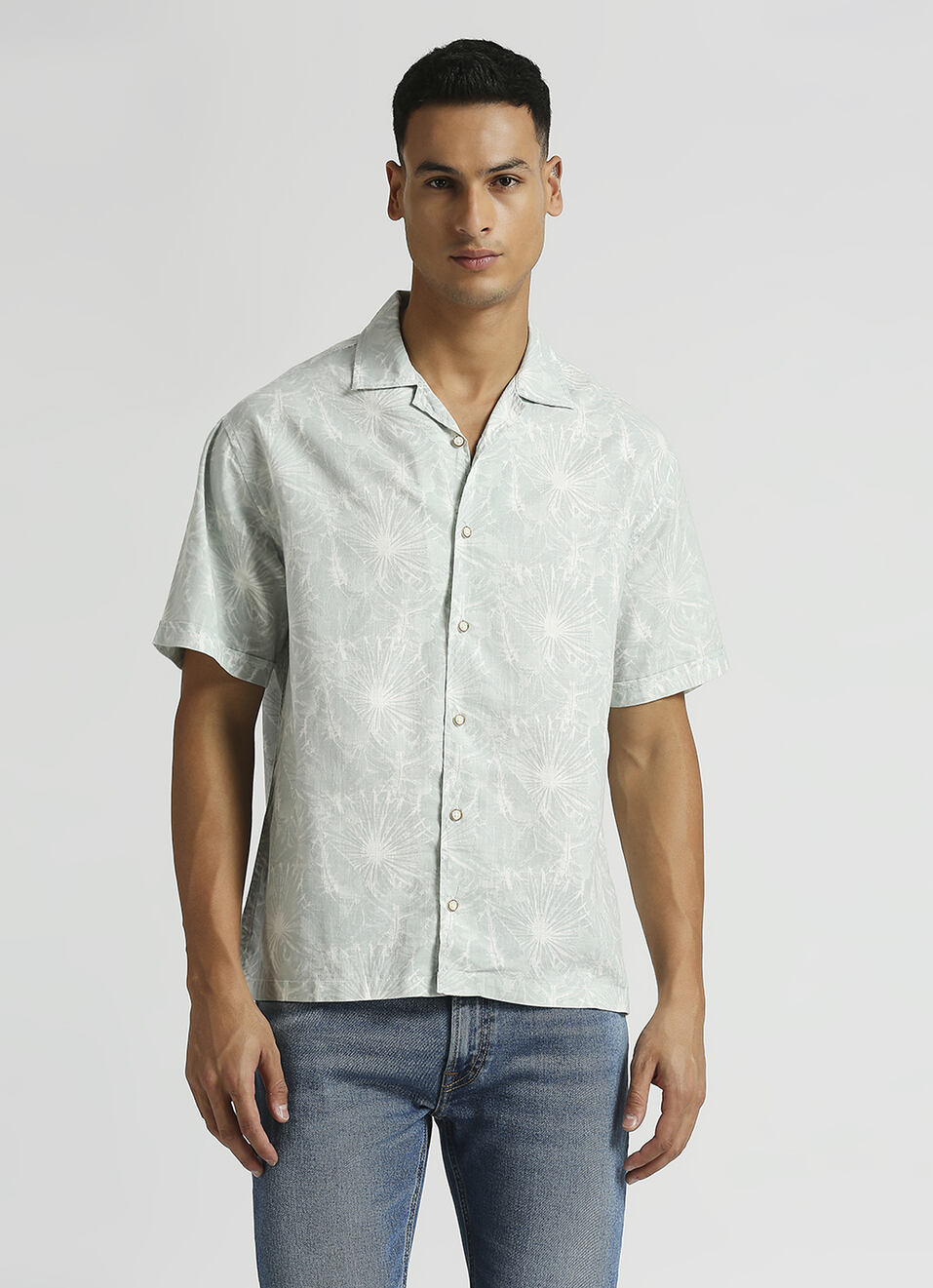 Mint Botanical Print Resort Collar Short Sleeve Shirt, , large image number 1