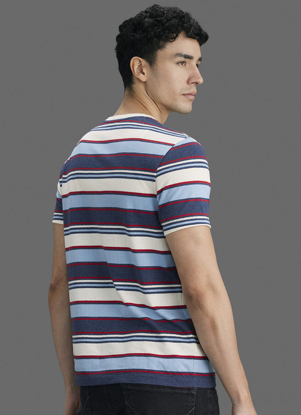 Men Navy Striped Slim Fit Short Sleeve T-shirt, , large image number 6