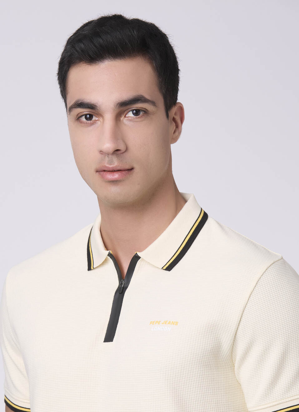 Men Ivory White Zipper Polo Collar T-shirt, , large image number 4