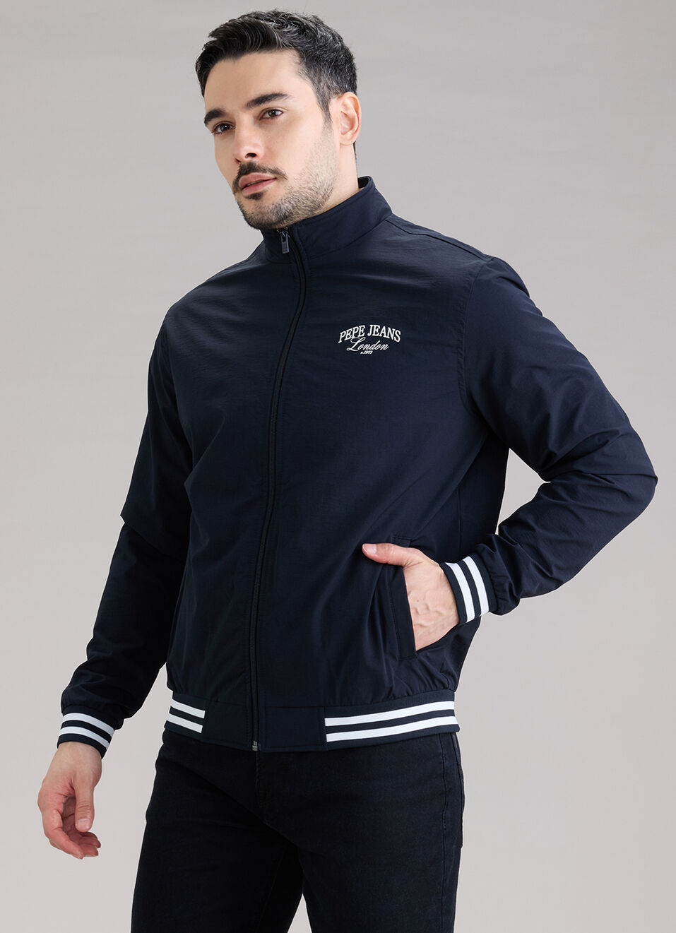 Men Blue Printed High Neck Long Sleeve Jacket, , large image number 3
