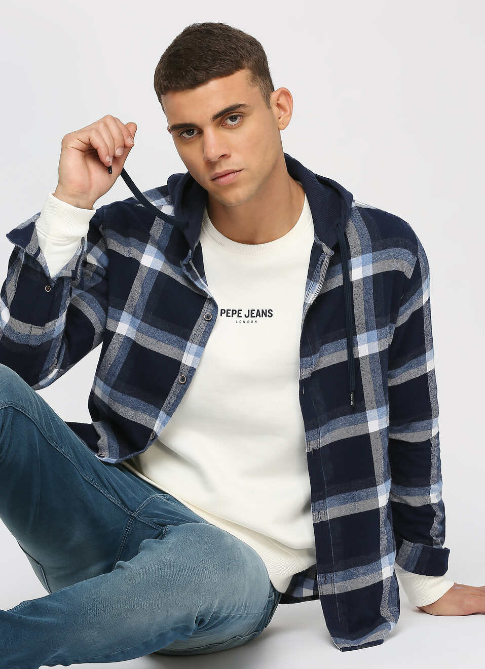 Navy Checks Long Sleeve Hooded Shirt, , large image number 0