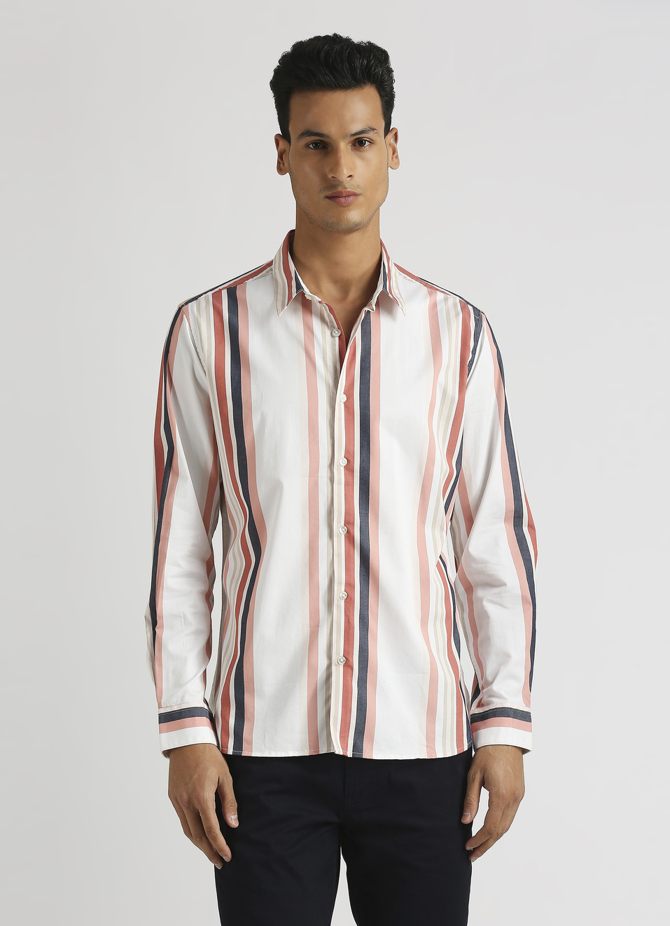 Peach Yarn Dyed Stripes Premium Stretch Long Sleeve Shirt, , large image number 1