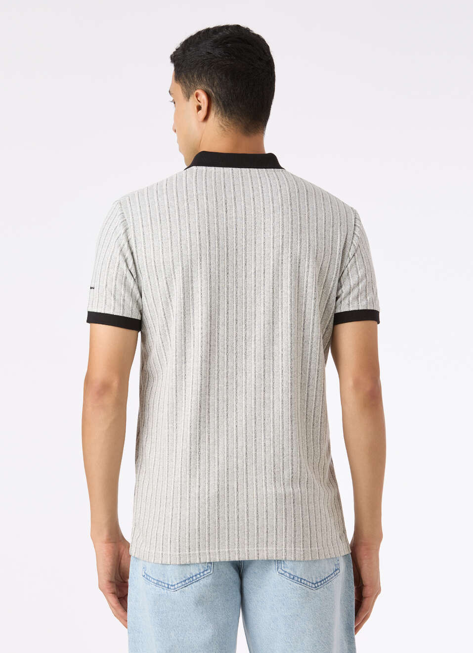 Men Grey Vertical Textured Stripe Zip Neck Polo, , large image number 2