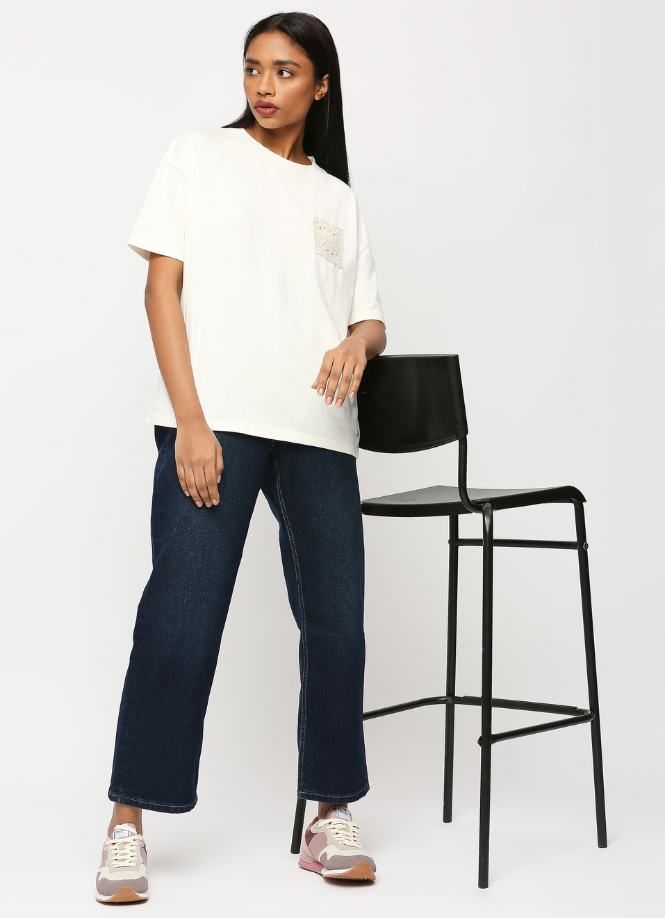 White Crochet Pocket Oversized Short Sleeve T-shirt, , large image number 0