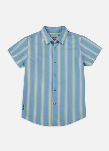 Boys Blue And White Vertical Stripe Short Sleeve Shirt