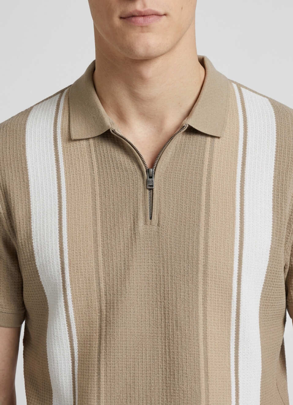 Men Khaki Striped Polo Collar T-shirt, , large image number 4