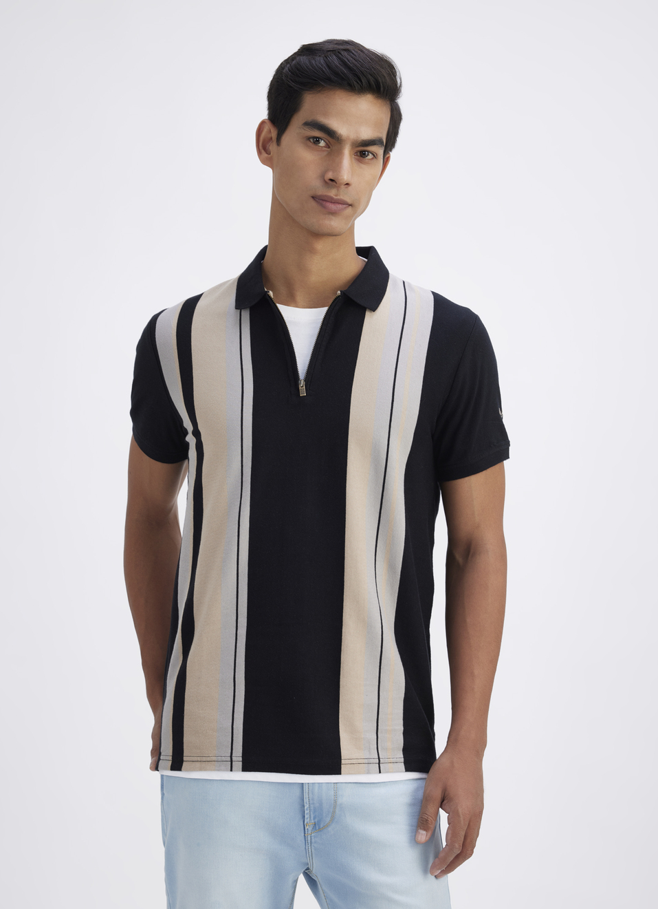 Men Black All Over Stripe Short Sleeve Polo, , large image number 0