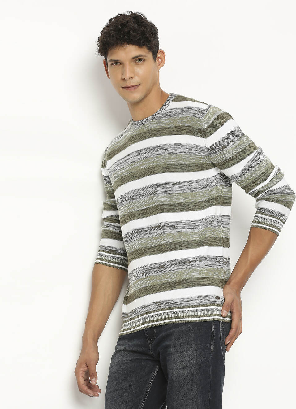White Striped Full Sleeve Sweater, , large image number 0