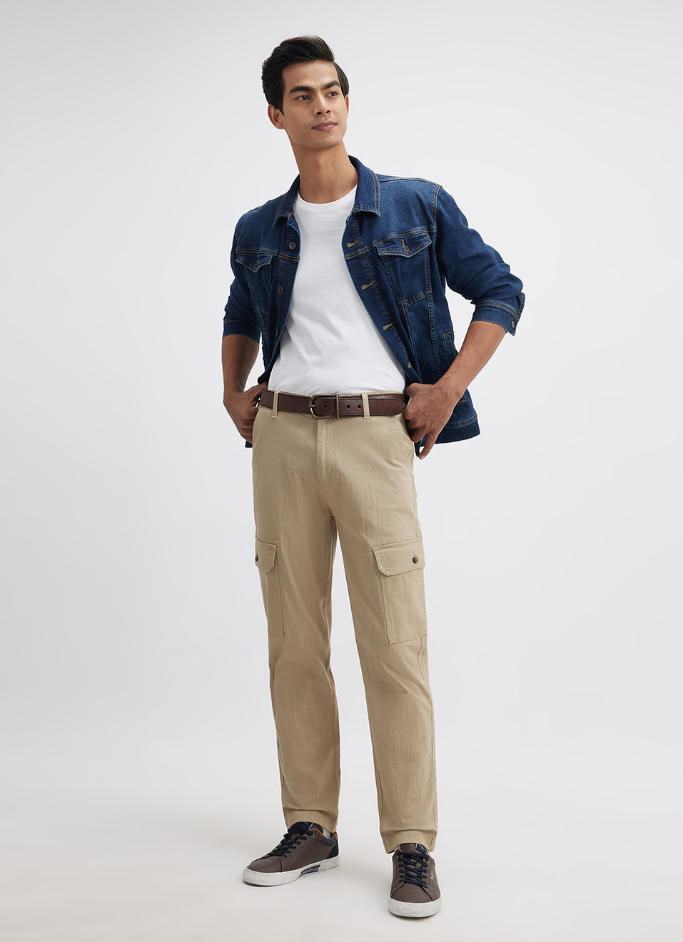 Men Beige Mid Rise Overdyed Stretch Cargos, , large image number 1