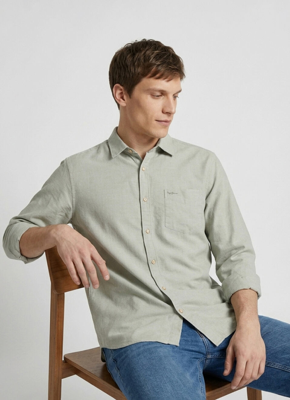 Men Olive Green Solid Oxford Long Sleeve Shirt, , large image number 0