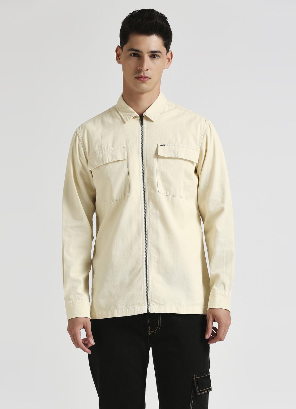 Off White Cargo Pockets Zipper Detail Long Sleeve Shirt, , large image number 1