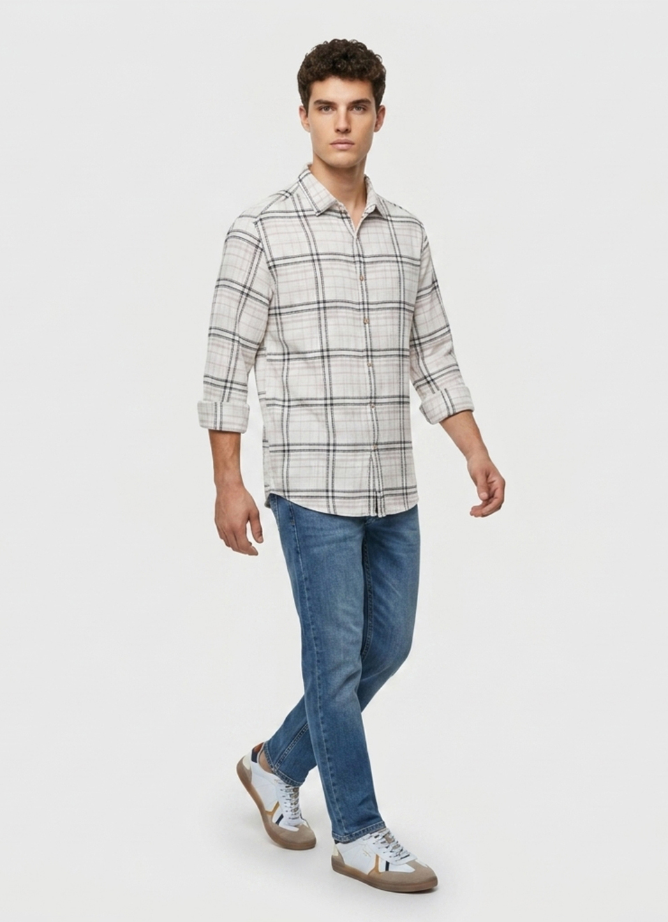 Men Beige Checked Dobby Long Sleeve Shirt, , large image number 5