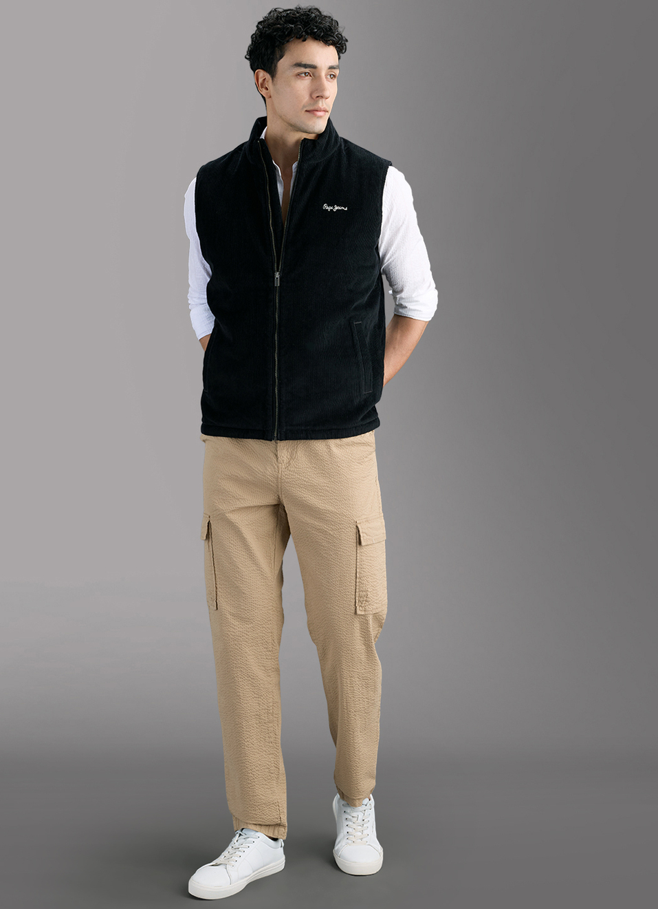Men Beige Corduroy Sleeveless Gilet Jacket, , large image number 2