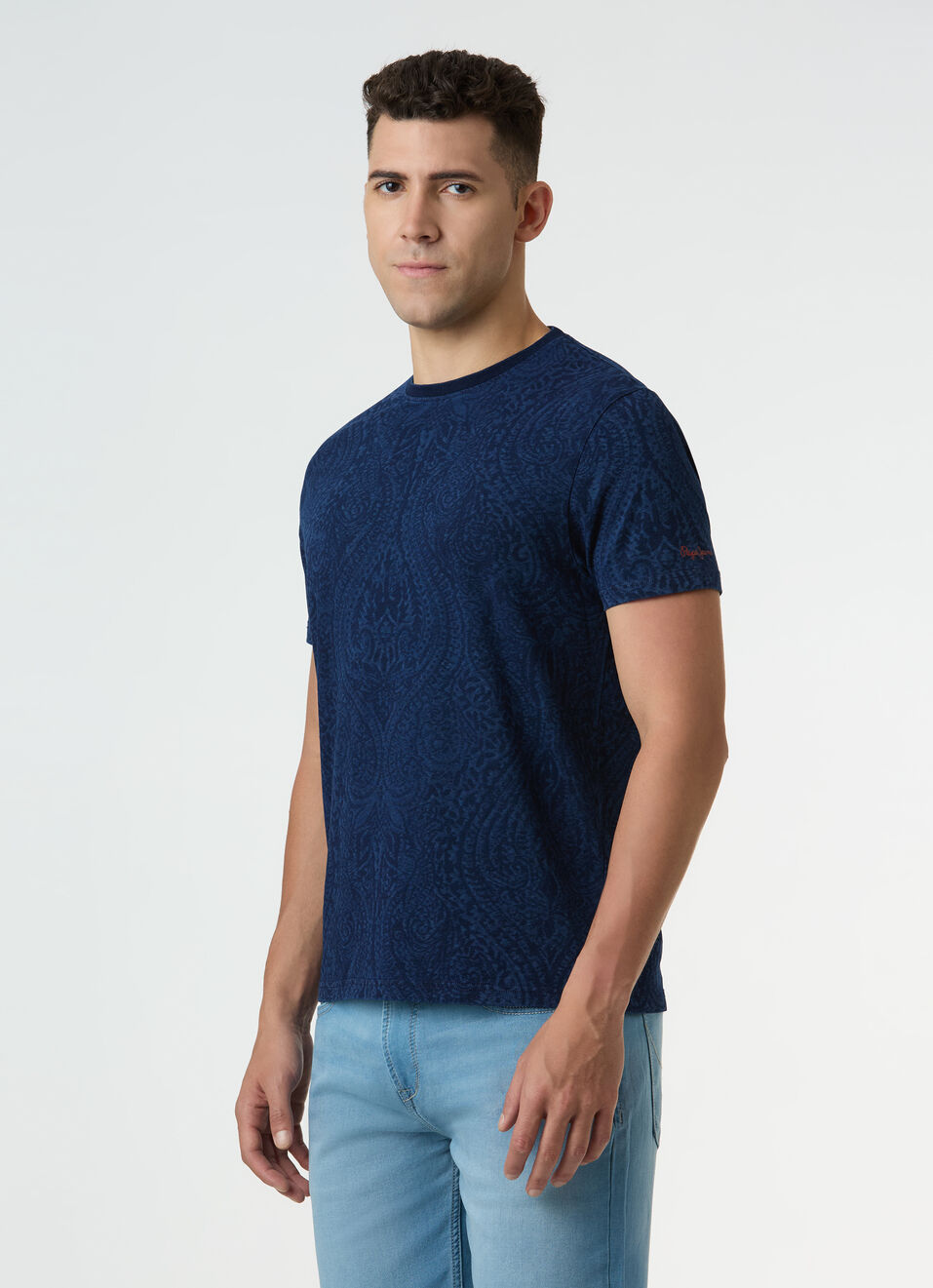 Men Blue Damask Print Short Sleeve T-shirt, , large image number 3