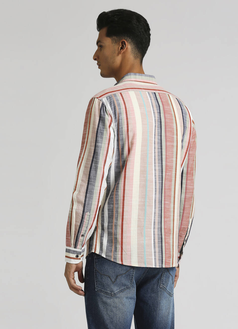 Peach Yarn Dyed Dobby Stripes Long Sleeve Shirt, , large image number 2
