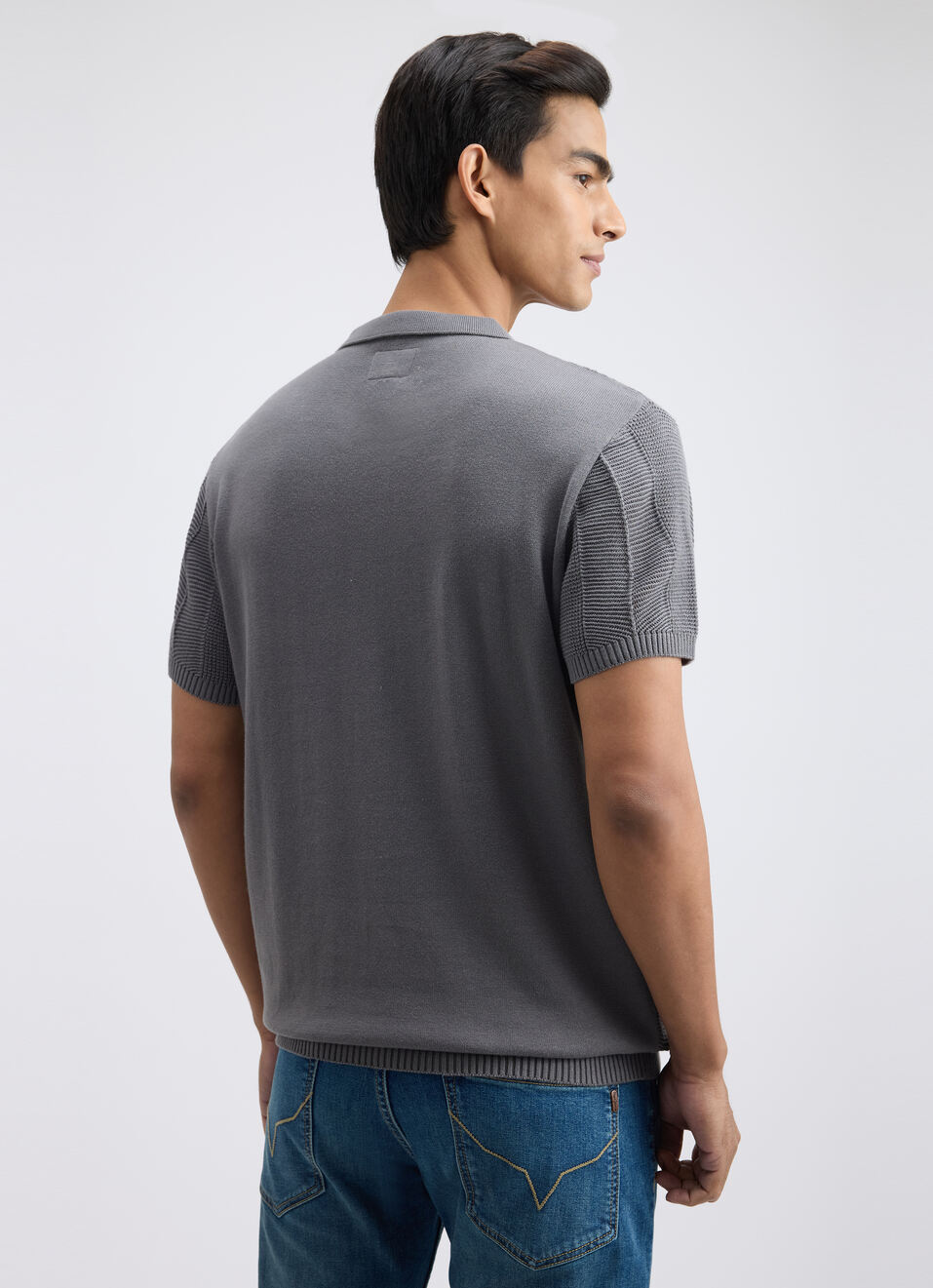 Men Grey Johnny Neck Short Sleeve Flat Knit Polo, , large image number 2