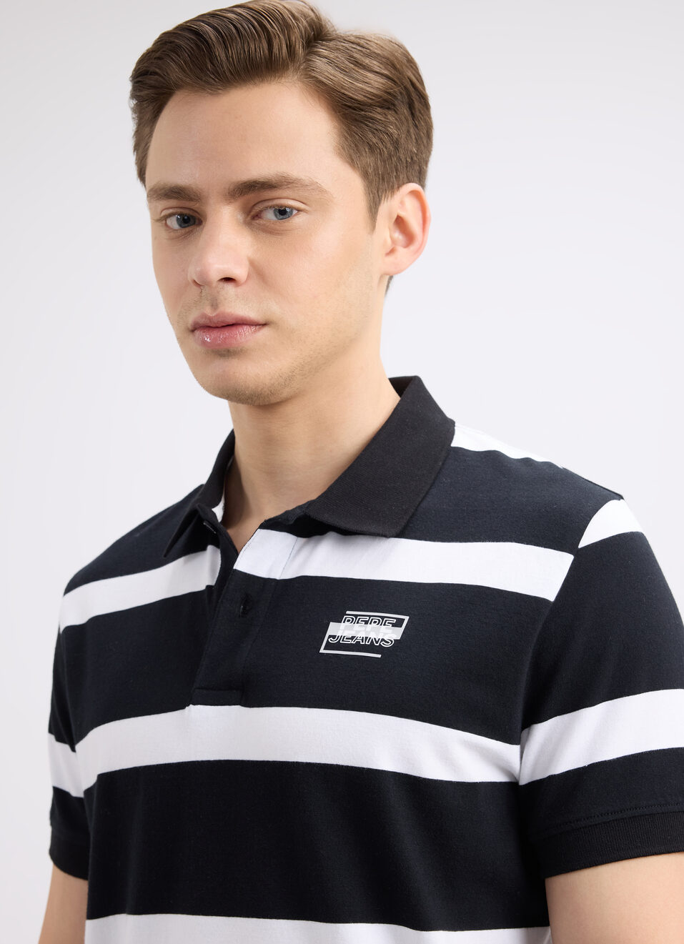 Men Black Stripe Short Sleeve Stretch Polo, , large image number 4