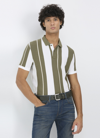Men Olive & White Vertical Stripe Polo