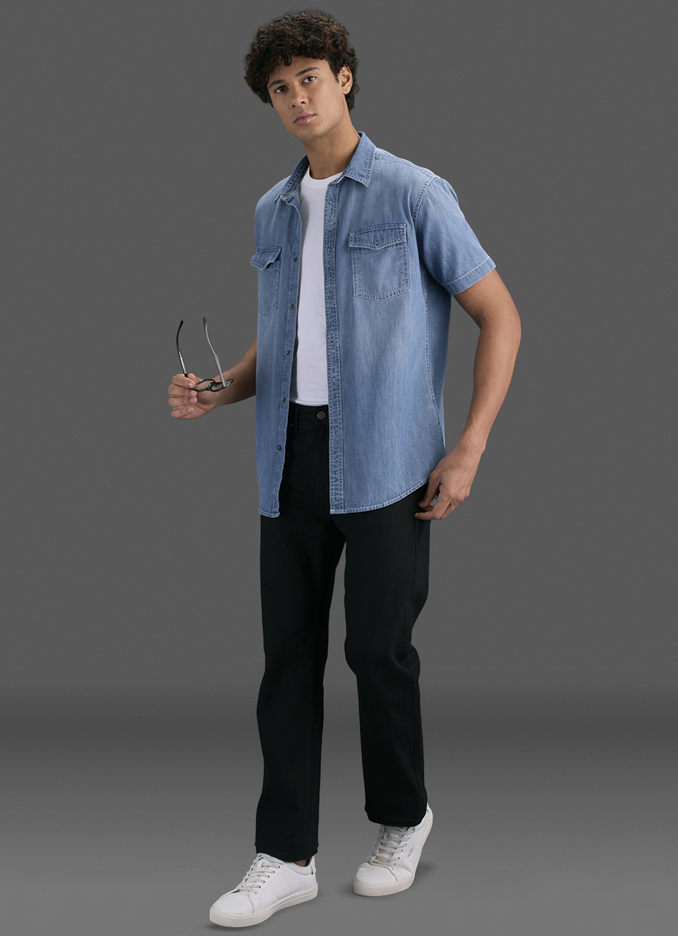 Men Blue Short Sleeve Denim Shirt, , large image number 2