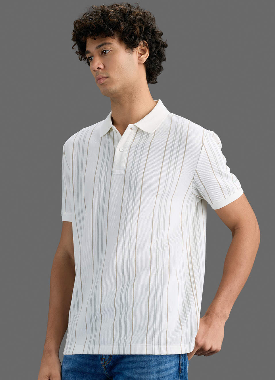 Men White Striped Polo T-shirt, , large image number 6