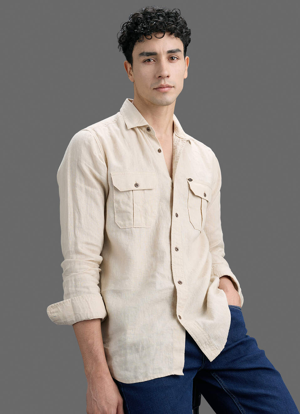 Men Beige Solid Pure Linen Safari Long Sleeve Shirt, , large image number 0