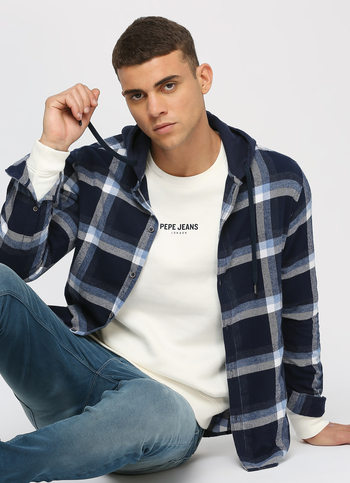 Navy Checks Long Sleeve Hooded Shirt