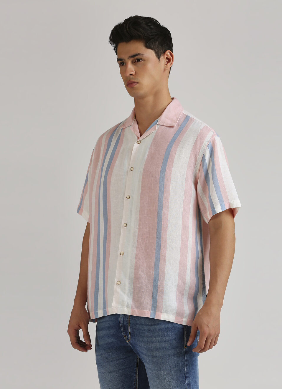 Pink Stripes Resort Collar Linen Short Sleeve Shirt, , large image number 3