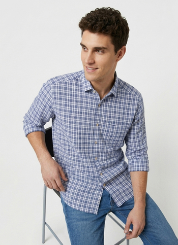 Men Blue Checked Herringbone Long Sleeve Shirt