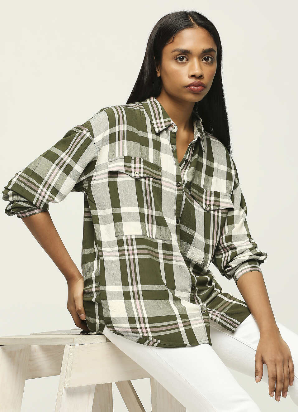 Green Checks Long Sleeve Oversized Shirt, , large image number 6