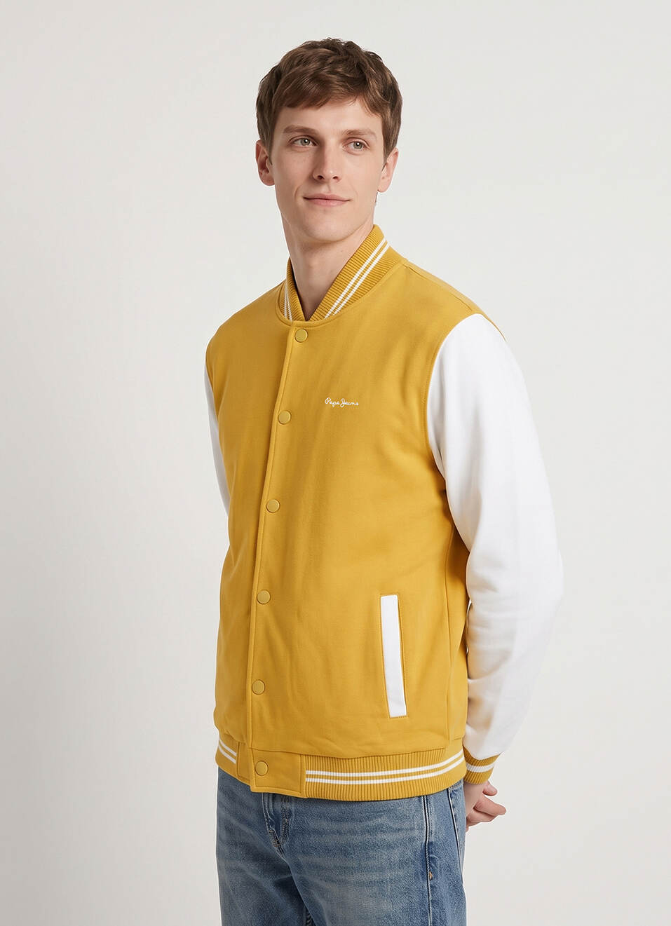 Men Yellow Solid Baseball Collar Long Sleeve Jacket, , large image number 3