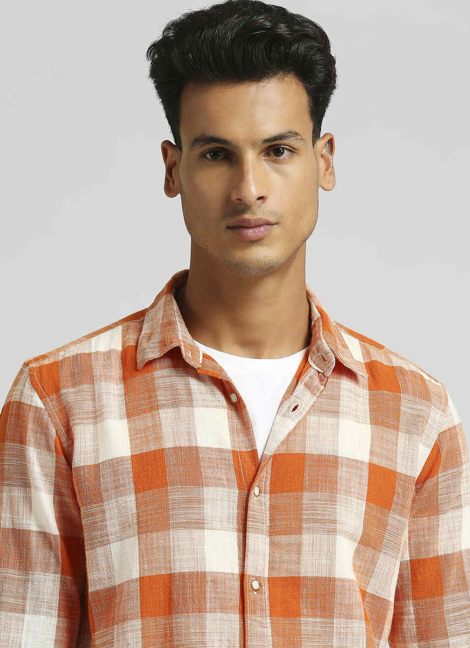 Orange Checks Yarn Dyed Slub Long Sleeve Shirt, , large image number 4