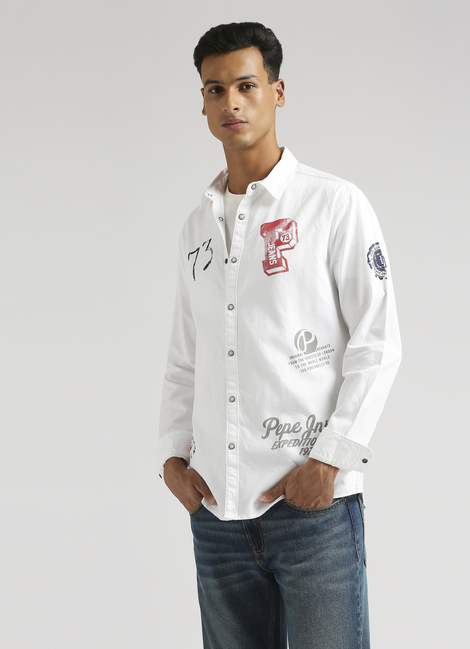 White Brand Print Ecru Snap Button Long Sleeve Shirt, , large image number 0