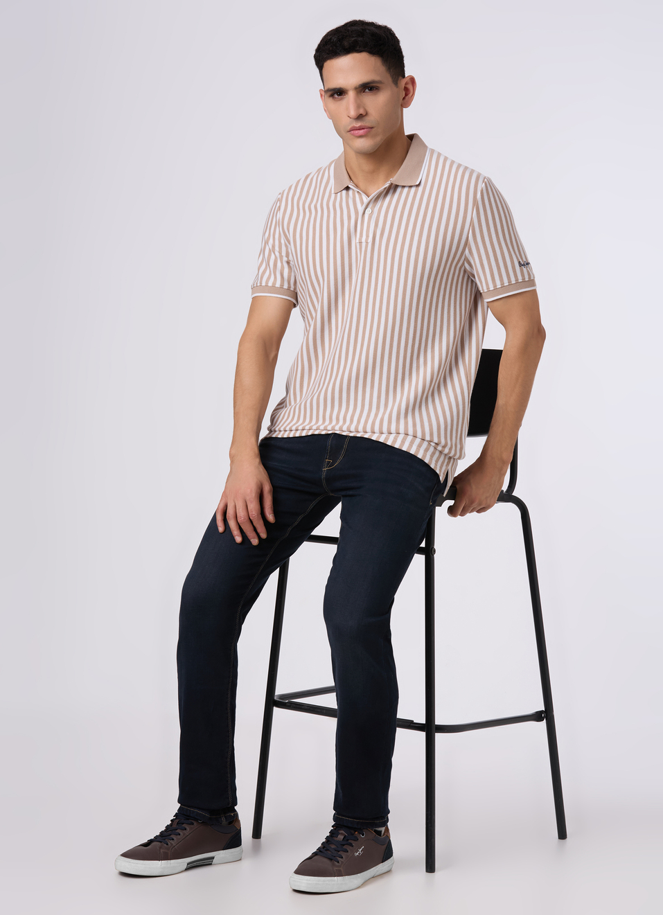 Men Beige Striped Polo Collar T-shirt, , large image number 5