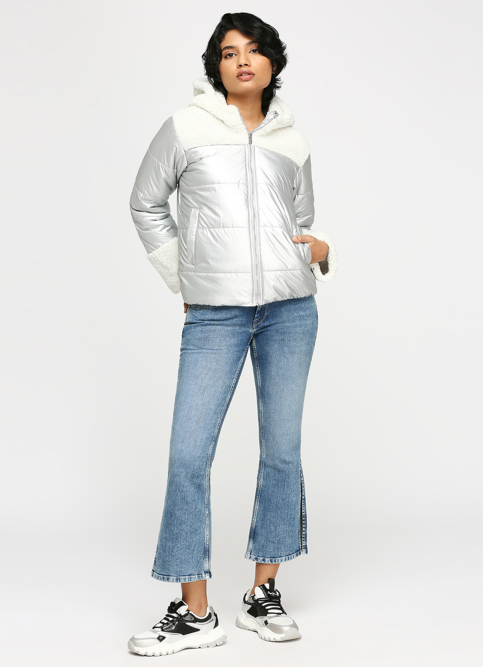 Silver Colour Block  Puffer Jacket, , large image number 5