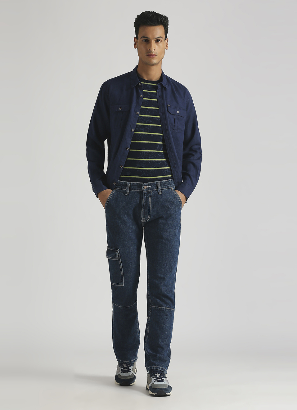 Cargo Straight Mid Rise Dark Blue Jeans, , large image number 1
