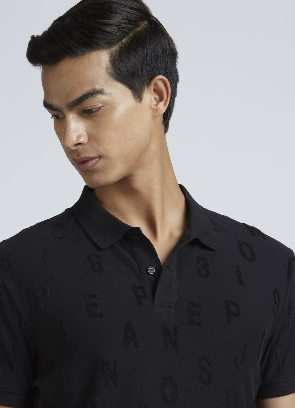 Black Typographic Print Short Sleeve Polo, , large image number 4