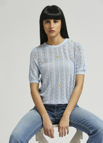 Light Blue Embroidered Short Sleeve Flat Knit Top