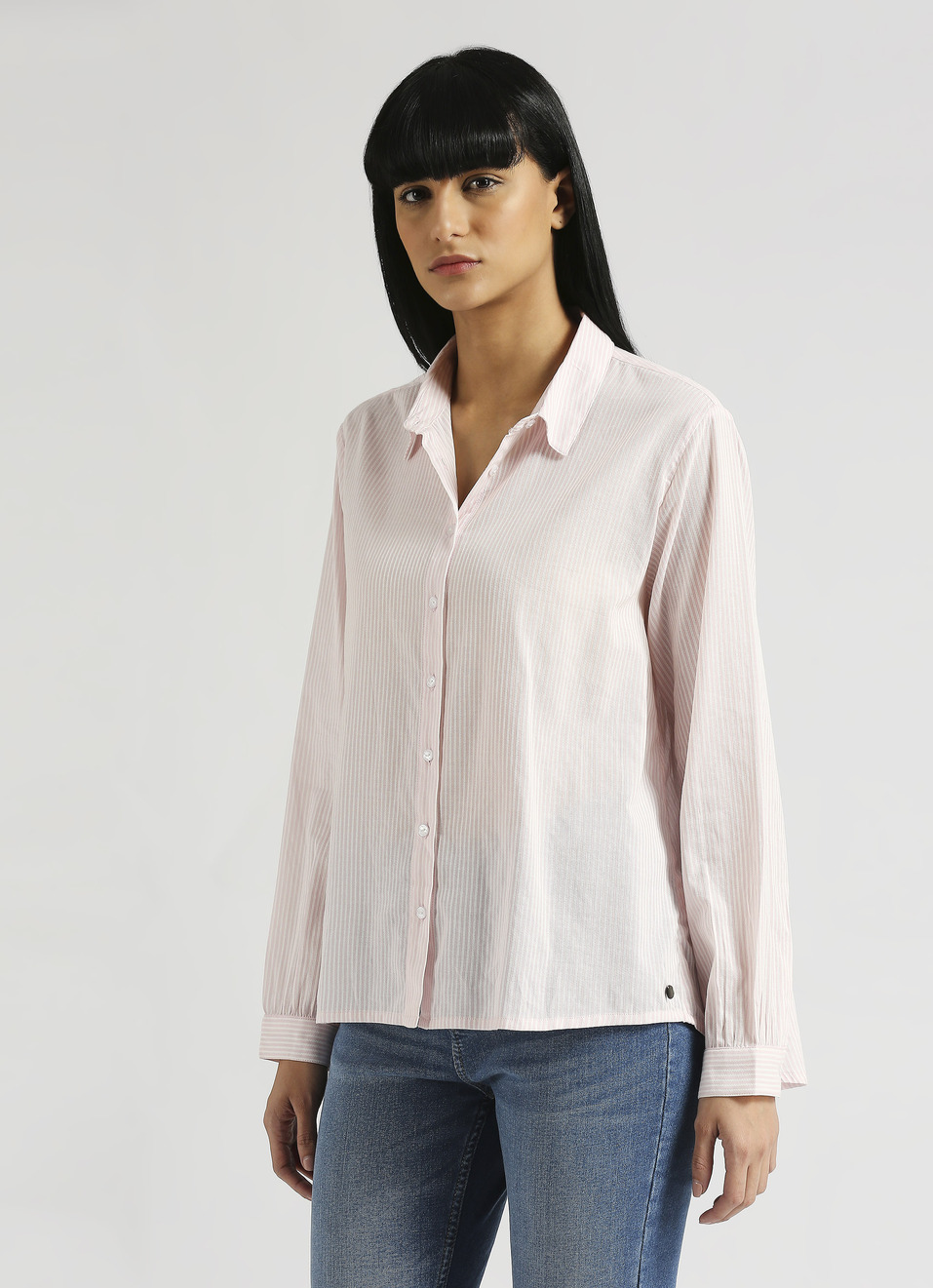 Pink Narrow Stripes High Low Hem Long Sleeve Shirt, , large image number 3