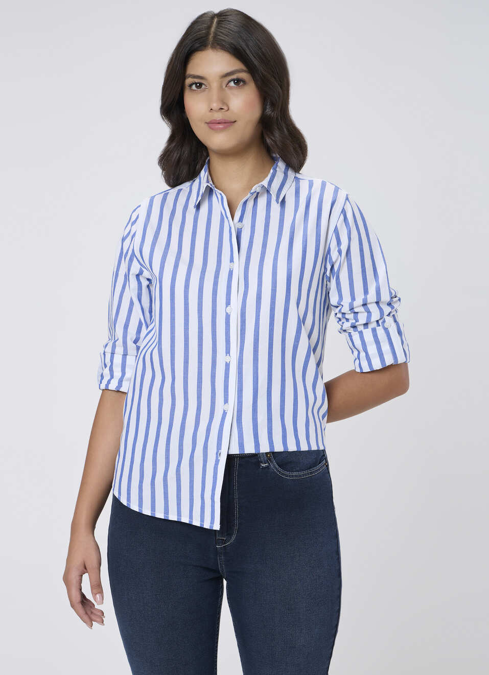 Women Blue Striped Regular Fit Shirt, , large image number 0