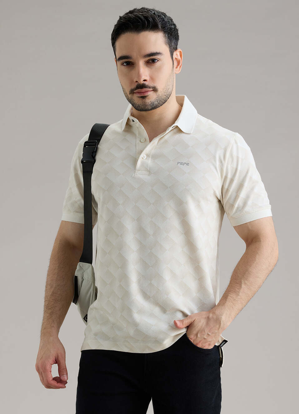 Men Ecru Printed Polo Collar T-shirt, , large image number 0