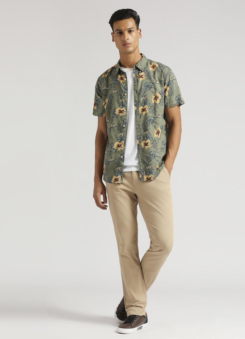 Olive Floral Print Short Sleeve Shirt, , large image number 5